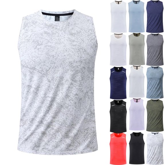Tank Tops Men Round Neck Solid Color Sports Sleeveless T-Shirt Printed Training Shirt Tank Top Gym Shirts Bodybuilding Fitness Muscle Tee Shirts