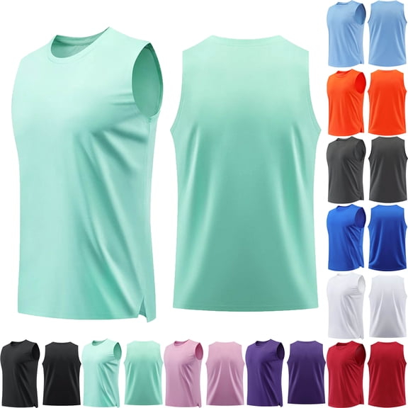 Tank Tops Men Solid Color Breathable Round-Neck Sleeveless Waistcoat Training Top Blouses Shirts Gym Shirts Bodybuilding Fitness Muscle Tee Shirts