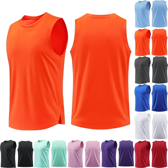 Tank Tops Men Solid Color Breathable Round-Neck Sleeveless Waistcoat Training Top Blouses Shirts Gym Shirts Bodybuilding Fitness Muscle Tee Shirts