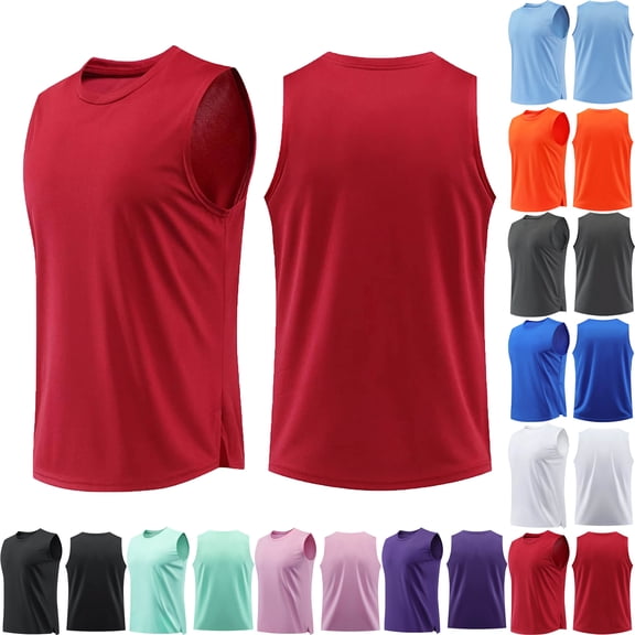 Tank Tops Men Solid Color Breathable Round-Neck Sleeveless Waistcoat Training Top Blouses Shirts Gym Shirts Bodybuilding Fitness Muscle Tee Shirts
