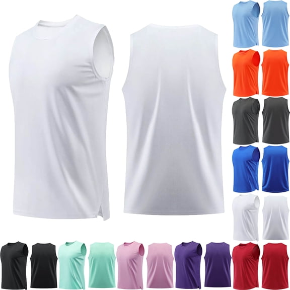 Tank Tops Men Solid Color Breathable Round-Neck Sleeveless Waistcoat Training Top Blouses Shirts Gym Shirts Bodybuilding Fitness Muscle Tee Shirts