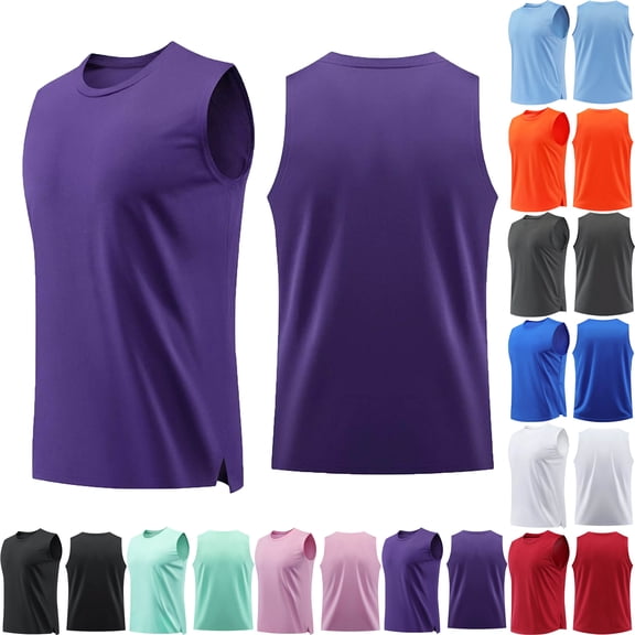 Tank Tops Men Solid Color Breathable Round-Neck Sleeveless Waistcoat Training Top Blouses Shirts Gym Shirts Bodybuilding Fitness Muscle Tee Shirts