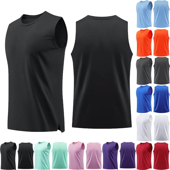 Tank Tops Men Solid Color Breathable Round-Neck Sleeveless Waistcoat Training Top Blouses Shirts Gym Shirts Bodybuilding Fitness Muscle Tee Shirts