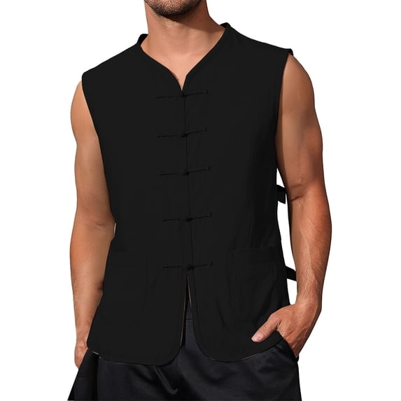 Tank Tops Men Solid Color Casual Sleeveless V Neck T Shirts Chinese Style Summer Everyday Wear Lightweight Vest Black L