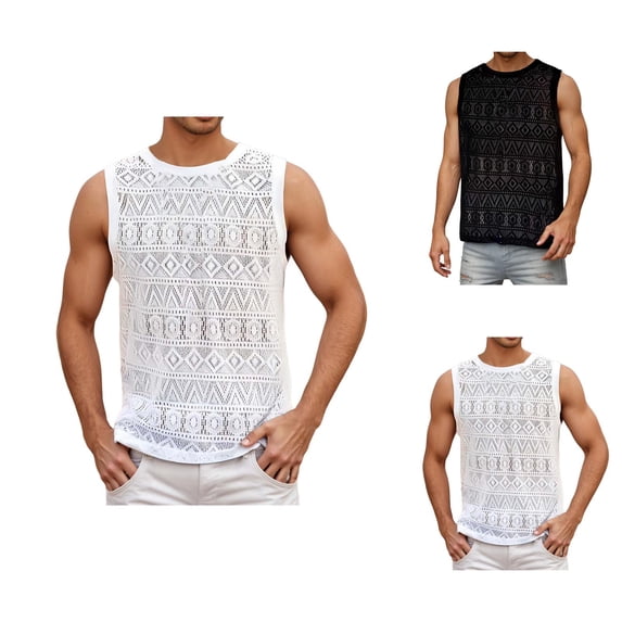 Tank Tops Men Summer Casual Loose Fit Lace Hollow out See through Crewneck Sleeveless Shirt Beach Tanks
