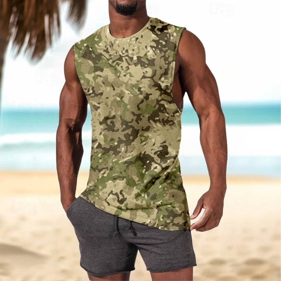 Tank Tops Men Summer Sleeveless Camo Print Tees Muscle Beach Casual Workout Running Comfortable Breathable Vests Camouflage L