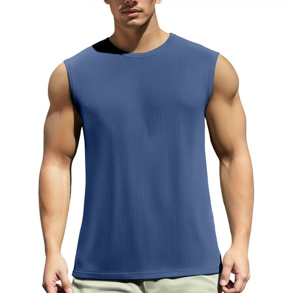 Tank Tops Men Summer Solid Color Ice Silk Mesh Round Neck Sleeveless Breathable Sports Muscle Breathable Vest Tee Shirts Activewear,Blue,XXXXL