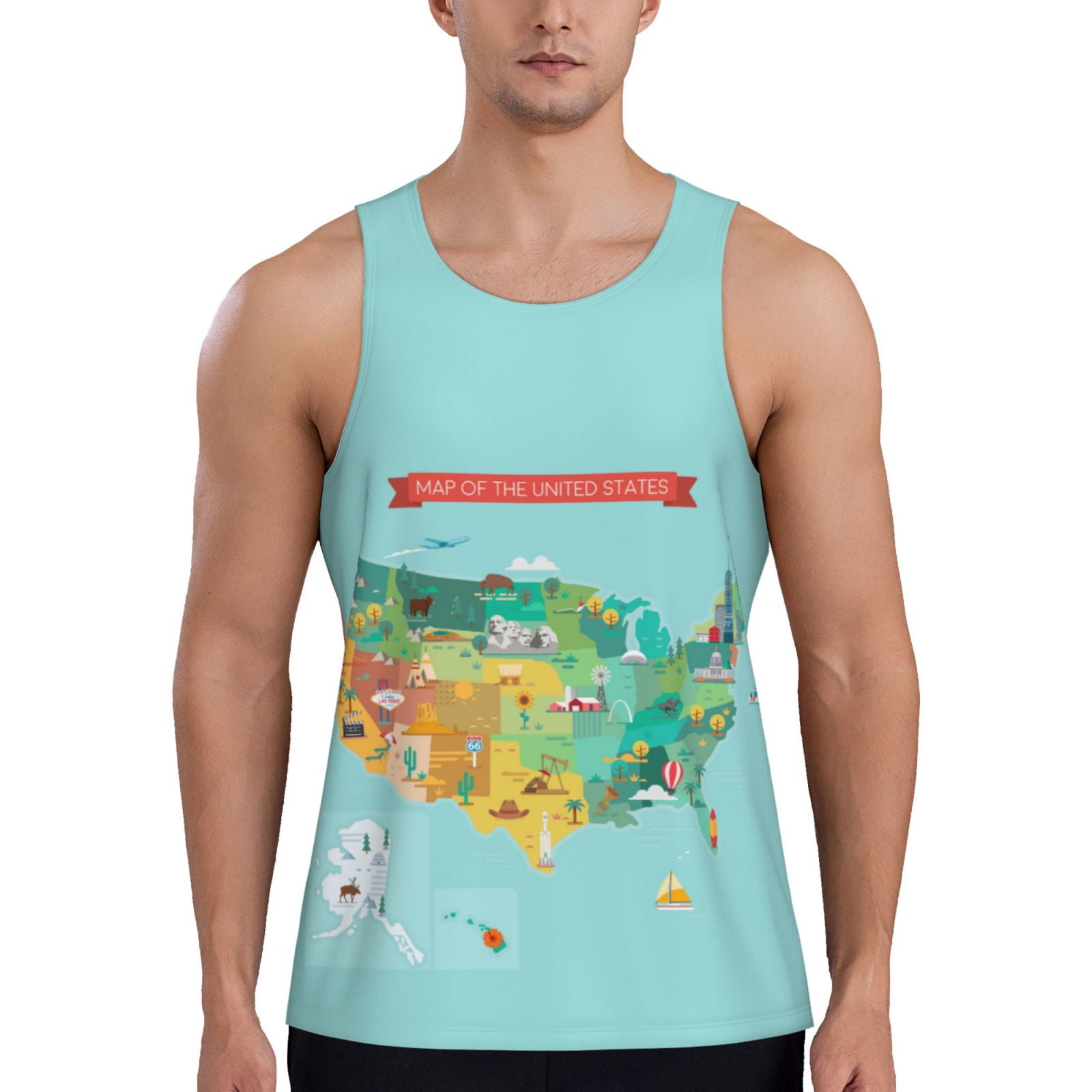 Tank Tops Men, Usa Tourist Map Famous Landmarks Gym Sports Workout Mens ...
