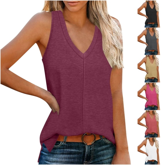 Tank Tops Tank Tops for Women Tank Tops Women's Solid Color V-neck Cover Side Slit Casual Fashion Pink S
