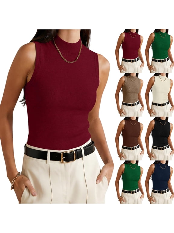 Tank Tops Woman Mock Neck Sleeveless Tops 2026 Summer Turtleneck Business Layer Tees Loose Fit Ribbed Knit Slim Fit Casual Tanks