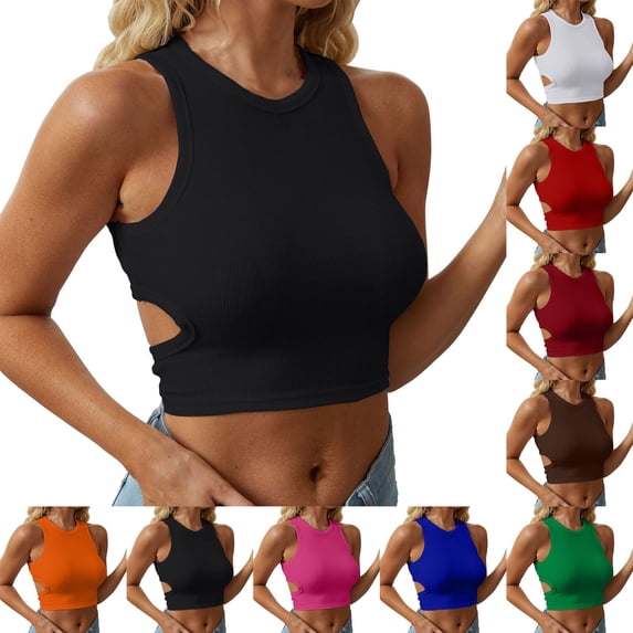 Tank Tops for Women BWASD Casual Slim Fit Basic Tees Dressy Solid Color Racerback Ribbed Knitted Sleeveless Shirt Fashion Clothes Cute Crop Tops Y2K (Black L)