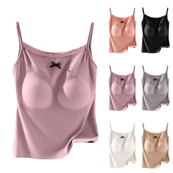 Tank Tops for Women Built in Bra Backless Basic Double Lined Summer Spaghetti Strap Sleeveless Cami Workout Shirts with Molded Cups and Adjustable Straps White XXL