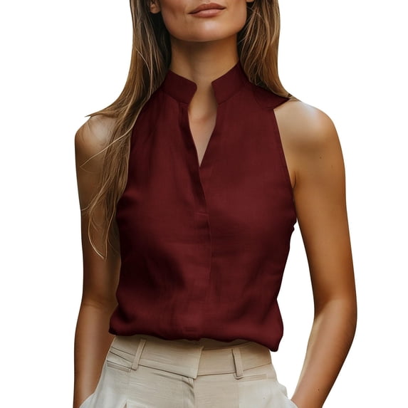 Tank Tops for Women Casual Breathable Linen Blouse Spring Sleeveless Stand Up Collar V Neck Plain Colours Bodycon Comtable Everyday Leisure Vest Womens Summer Tops Wine Red M