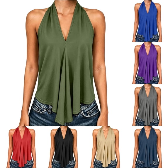 Tank Tops For Women Flowy Backless Elegant Draped Front Basic Summer Loose Fit Tops Halter Neck Sleeveless Solid Color Clothes Casual Trendy Beach Everyday Wear,Army Green,L