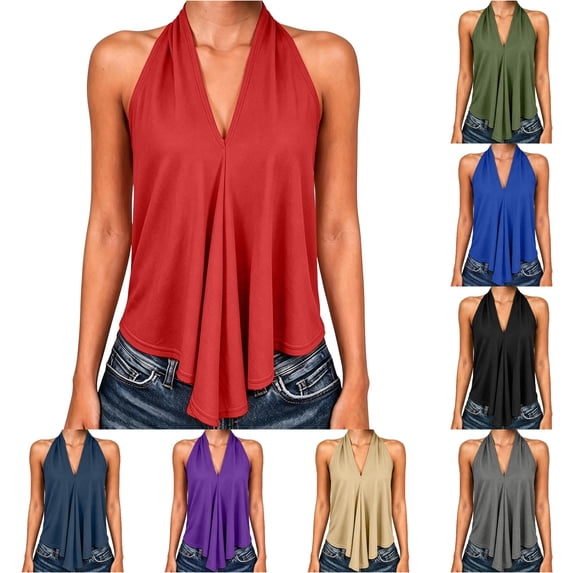 Tank Tops For Women Flowy Backless Elegant Draped Front Basic Summer Loose Fit Tops Halter Neck Sleeveless Solid Color Clothes Casual Trendy Holiday Everyday Wear,Watermelon Red,S