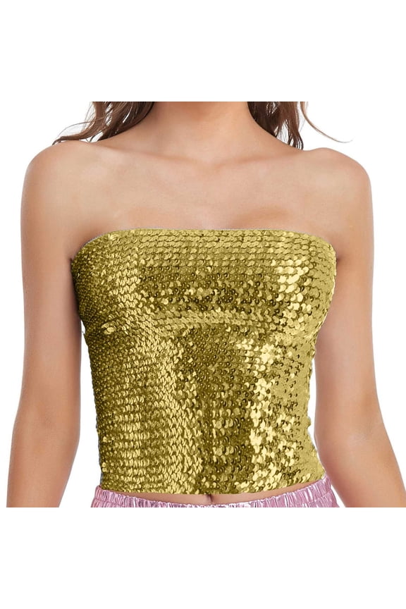 Tank Tops for Women Gsakboxl Women Mid‑Length Smocked Sparkling Sequin Tube Top Stretchable Carnival Holiday Party Clubwear Sleeveless Tank Top Gold One Size
