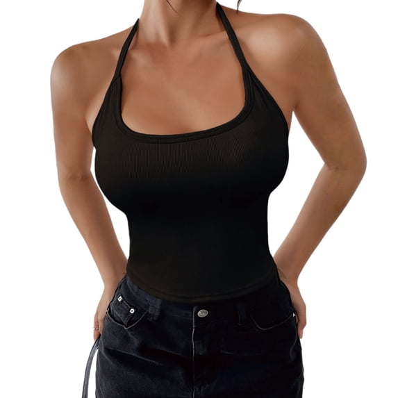 Tank Tops for Women Helii Slim Fit Halter Backless Camisole Tank Top Sleeveless Cami Casual Summer Yoga Gym Support Daily Wear Outdoor Dress Y2k Trendy | Black,L