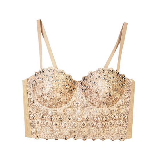 Tank Tops for Women,Lace Camisole Rhinestone Beaded Crop Top Belly Dance Corset Fishbone Bustier For Fashionable Layering,Camisole Tops for Women,Khaki,90