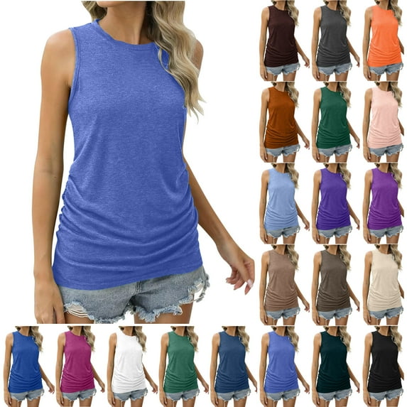 Tank Tops for Women Plus Size Summmer Sleeveless Tops Shirt Summer Women Solid Color RoundNeck Pocket Sleeveless Casual Tee Tank Beach Vacation Clothes for Women S-5XL