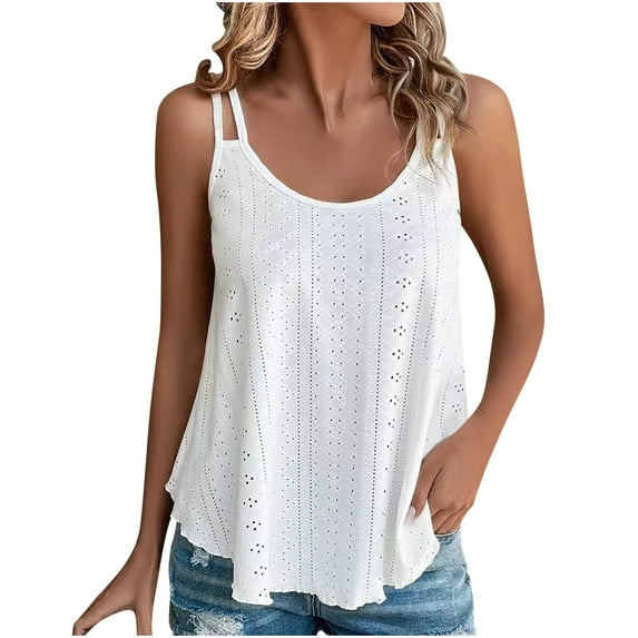 Tank Tops Women, Scoop Neck Sleeveless Eyelet Embroidery Vest Tops Loose Fit Summer Tops for Women Ladies Spaghetti Strap Swing Vest Tops Casual Tees Camisole 2024 Clothes