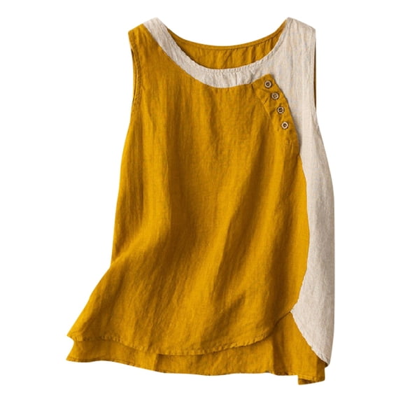 Tank Tops For Women Sleeveless Button Down Shirt Cotton Linen Loose Fit Casual Color Block Summer Tank Tops Plus Size Crew Neck Tees Camisole Tops For Women