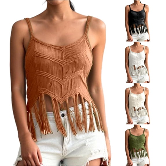 Tank Tops For Women Summer Camisole Beach Knit Tassels Loose Fit Tops Crew Neck Spaghetti Solid Color Clothes Casual Stylish Holiday Everyday Wear,Brown,L