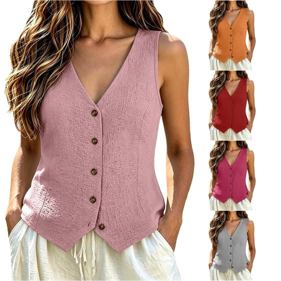 Tank Tops For Women Summer Cotton Linen Button Down Basic Slim Fit Tops V-Neck Sleeveless Solid Color Clothes Casual Classic Party Everyday Wear,Pink,M