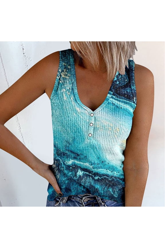 Tank Tops Women Tie Dye Pattern V Neck Standard Straps Ribbed Detail Button Camisole Womens Cami Sky Blue M