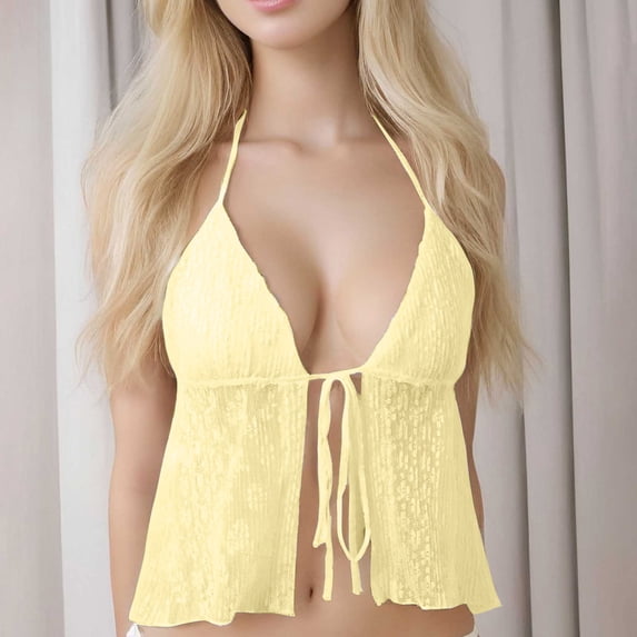 Tank Tops Women Tie Front Lace Top Halter Sexy Backless Flowy Summer Vest Cami Tops for Women Yellow L