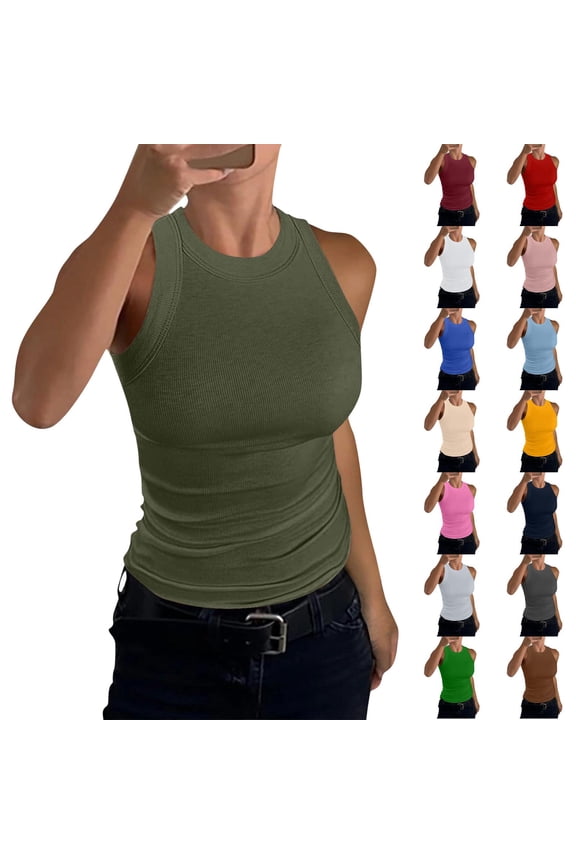 Tank Tops for Women Women's Sleeveless Crew Neck Tank Top Ribbed Fitted Summer Basic Slim Cute Workout Womens Tops High Neck Racerback Workout Undershirt Fitted Beach Vacation Outfits Green XXL