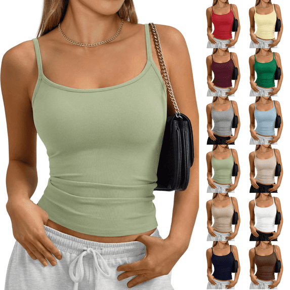 Tank Tops Womens Basic Adjustable Spaghetti Strap Camisole Slim Fit Summer Going Out Cami Tops Light Green XL