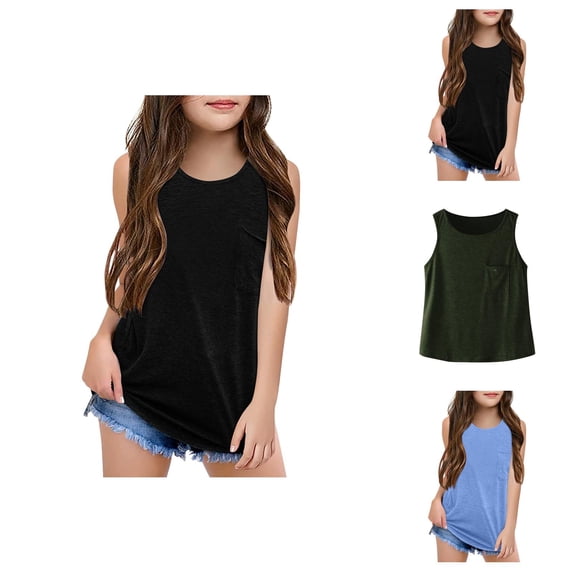 Tank Tops for Girls Sleeveless Crew Neck Plain Casual Soft Summer Shirts Loose with Chest Pocket (5-14y)