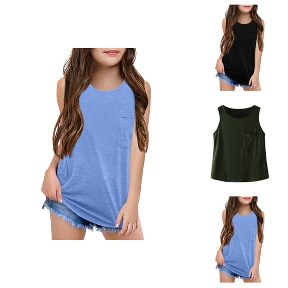 Tank Tops for Girls Sleeveless Crew Neck Plain Casual Soft Summer Shirts Loose with Chest Pocket (5-14y)