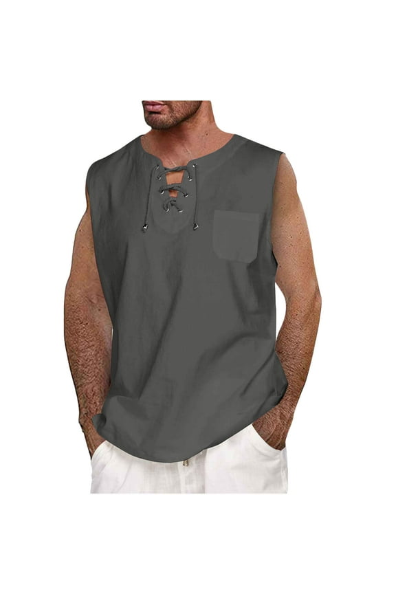Tank Tops for Men Big and Tall M-5X Plus Size Sleeveless Tie V Neck Loose T Shirts with Pockets Casual Solid Lightweight Pullover Muscle T-Shirts