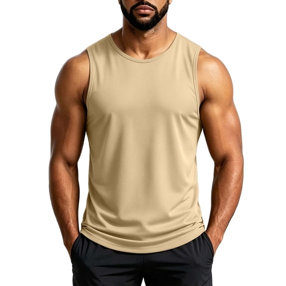 Tank Tops for Men Breathable Slim Fit Quick Drying Crew Neck Sleeveless Tees Basic Relaxed Training Gym Shirt Khaki Size XL