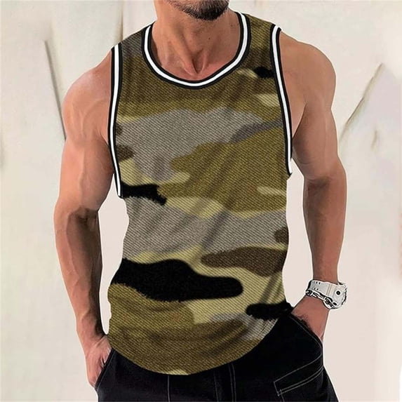 Tank Tops for Men Camo Workout Summer Sleeveless Graphic Gym Regular Fit Breathable Comfortable Muscle Men's Undershirts Army Green L