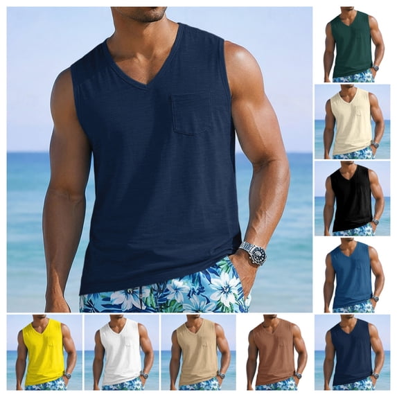 Tank Tops for Men Fashion Casual Sleeveless V Neck Tank Shirts Summer Wide Shoulder Strap Sports Running Basketball Regular Fit Vest Dark Blue 3XL