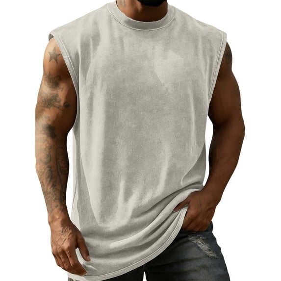 Tank Tops for Men, Oversized Workout Tank, Vintage Washed Sleeveless Gym Shirt, Athletic Crew Neck Training Vest Khaki 5XL