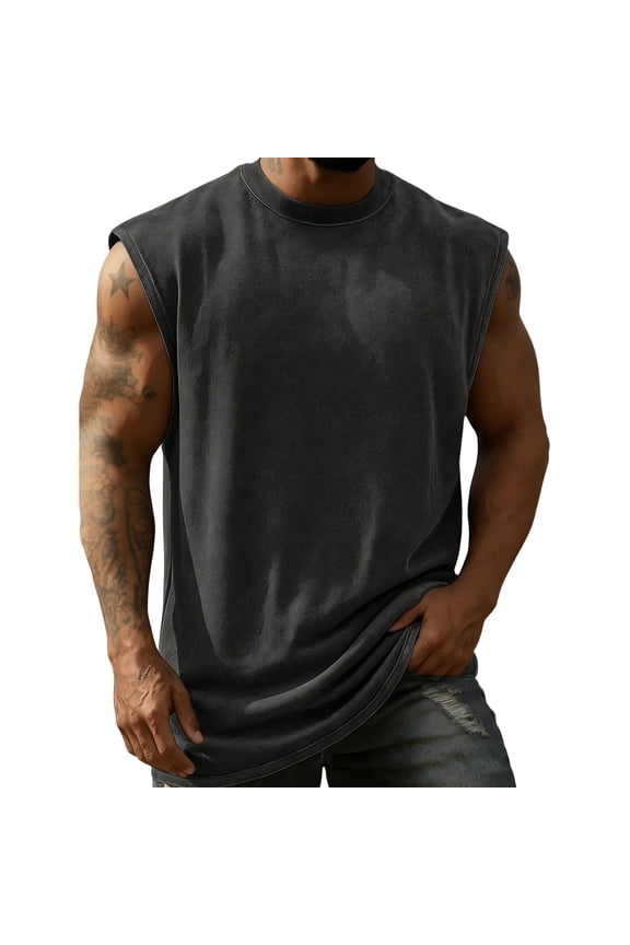 Tank Tops for Men Washed Crew Neck Sleeveless Loose Fit Vintage Style Summer Streetwear Casual Breathable Black 5XL