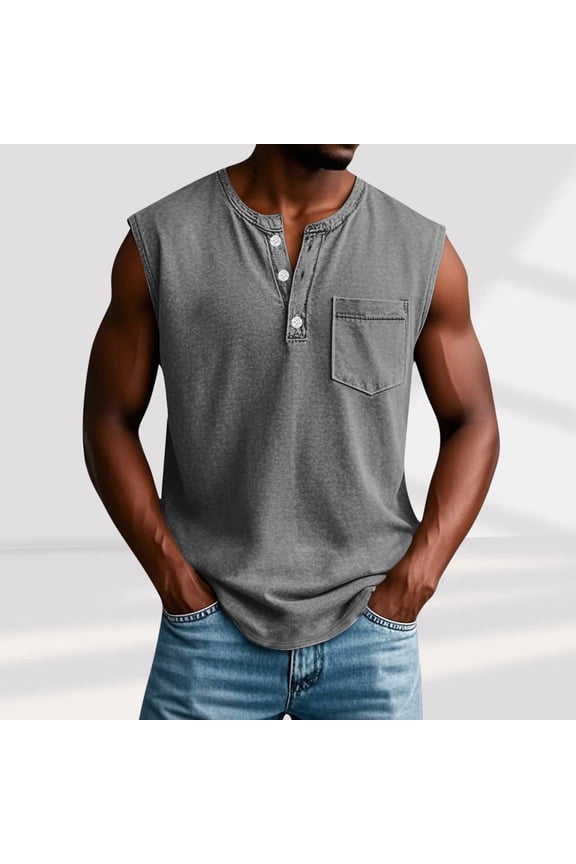 Tank Tops for Men with Pocket and Button Crewneck Sleeveless Shirts Mens Casual Solid Color Pullover Breathable Loungewear Streetwear Vests