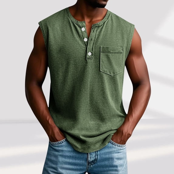 Tank Tops for Men with Pocket and Button Crewneck Sleeveless Shirts Mens Casual Solid Color Pullover Breathable Loungewear Streetwear Vests