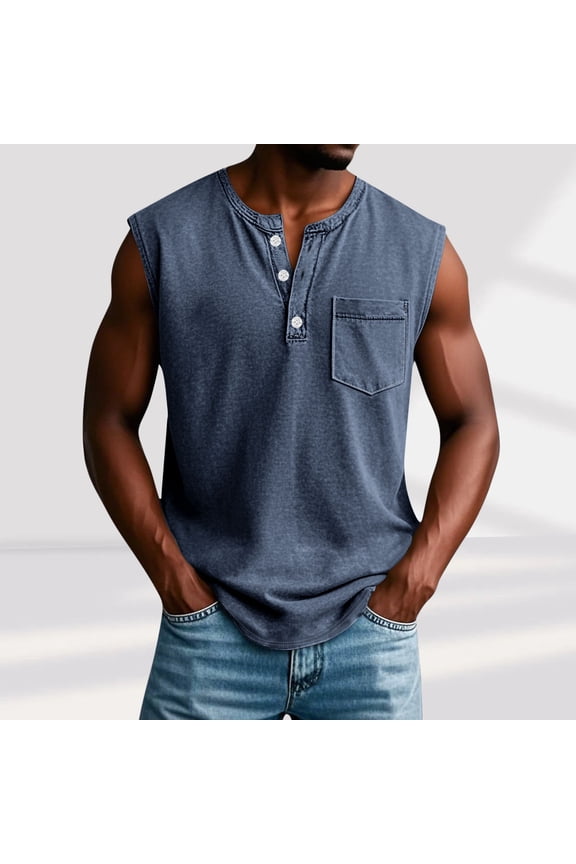 Tank Tops for Men with Pocket and Button Crewneck Sleeveless Shirts Mens Casual Solid Color Pullover Breathable Loungewear Streetwear Vests