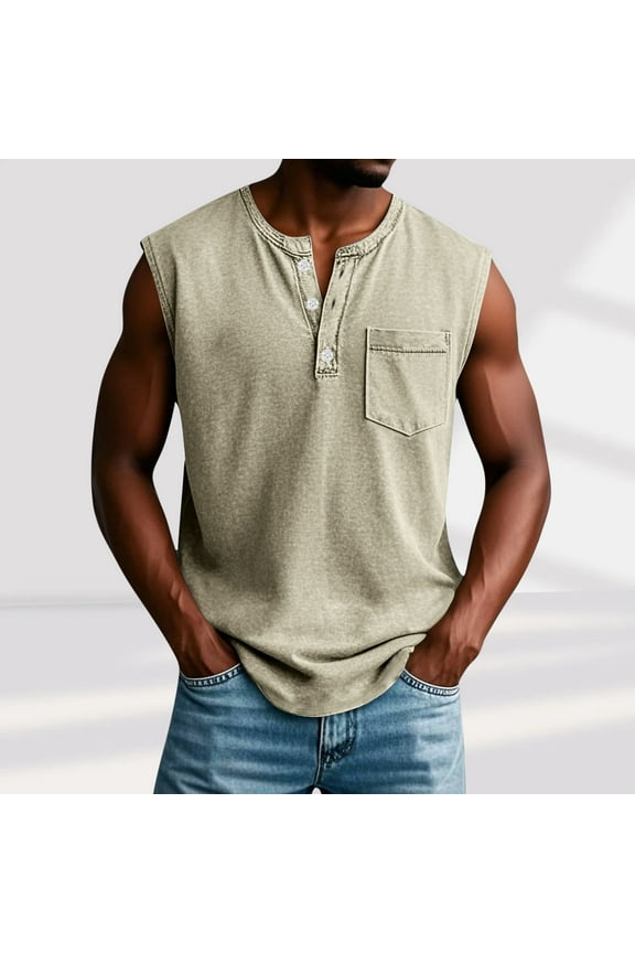 Tank Tops for Men with Pocket and Button Crewneck Sleeveless Shirts Mens Casual Solid Color Pullover Breathable Loungewear Streetwear Vests