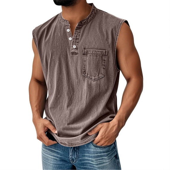 Tank Tops for Men with Pockets Summer Undershirts Shirts Mens Casual Sleeveless Button Crewneck Vintage Vests