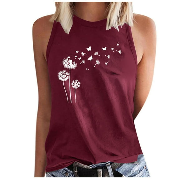 Tank Tops for Women 2024 Summer Sleeveless T-Shirts Dandelion Print Ladies Casual Basic Crewneck Graphic Tees Blouses