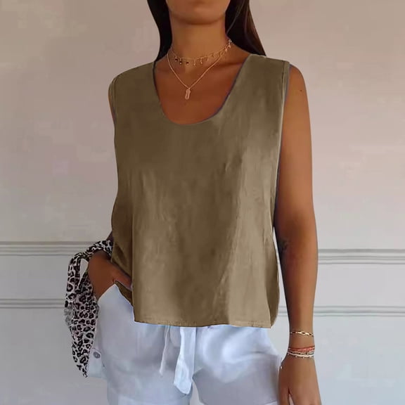Tank Tops for Women 2026 Cotton and Linen Solid Color Crew Neck T Shirts Leisure Loose Fit Sleeveless Standard Straps Summer Shirts