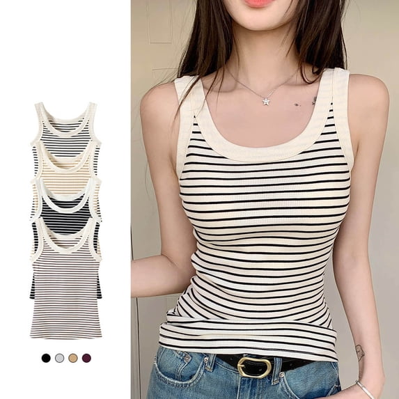 Tank Tops for Women 2026 Fashion Striped Print Crew Neck T Shirts Casual Slim Fit Sleeveless Standard Straps Blouses