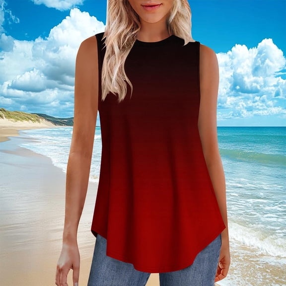 Tank Tops for Women 2026 Summer Gradient Print Crew Neck Shirts Casual Loose Fit Sleeveless Standard Straps Blouses