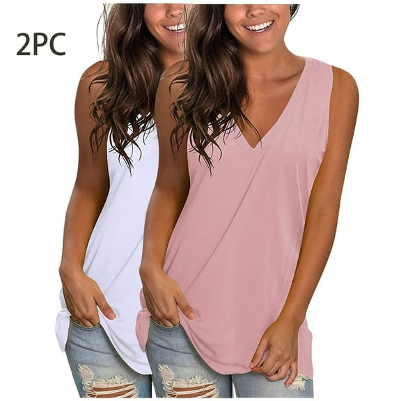 Tank Tops for Women 2PC Sleeveless Round Neck Casual Solid Color Loose Blouses Pink S