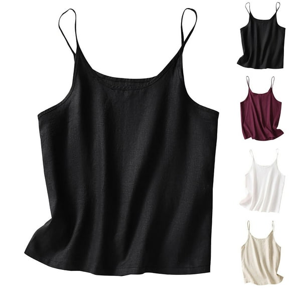Tank Tops for Women Black-A Cotton and Linen Solid Color Short Style Split Basic Cami Shirts M